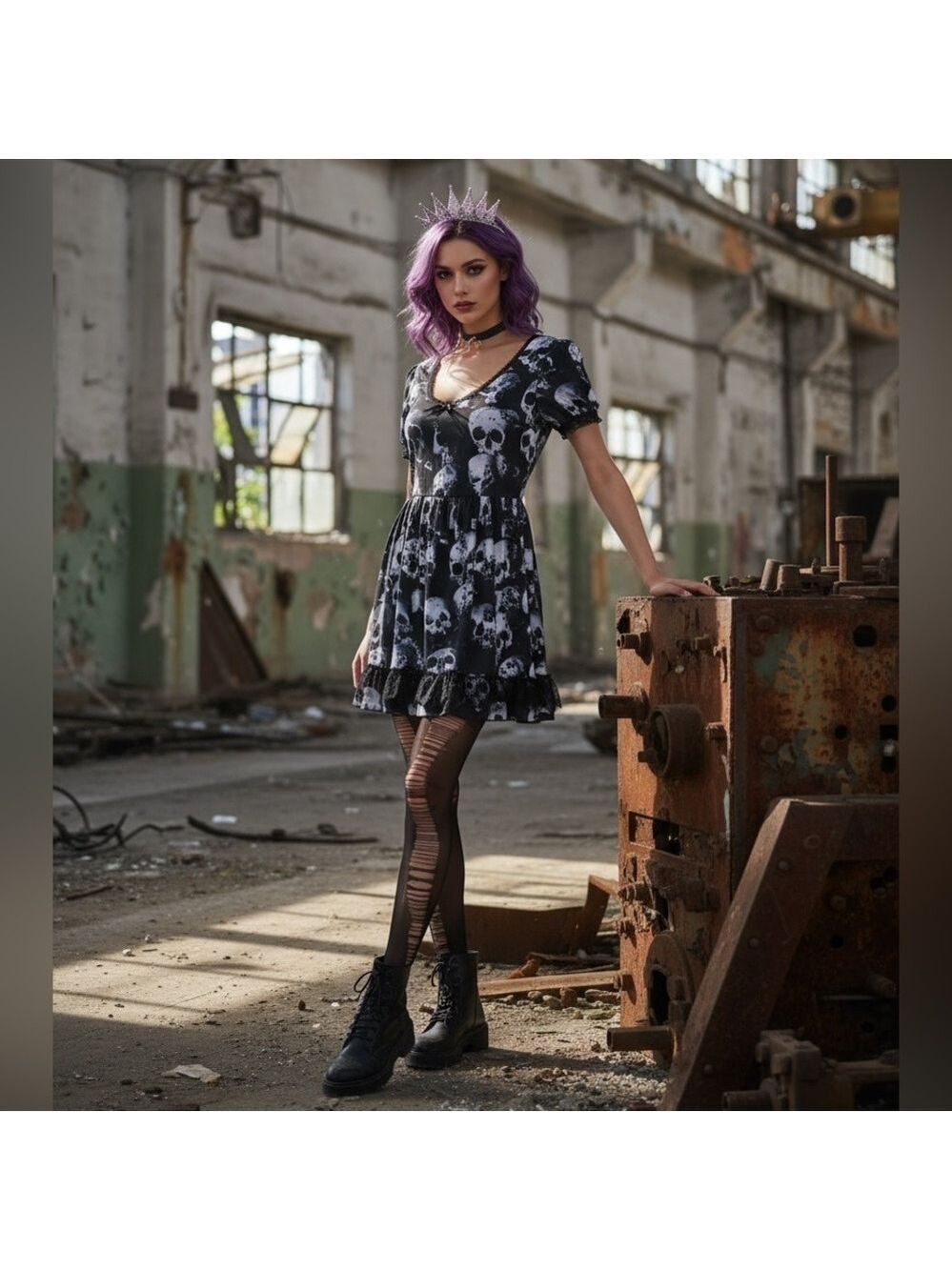 NWT Dolls Kill Widow Wayward Skulls Babydoll Dress w/ Lace Trim Scoop Neckline